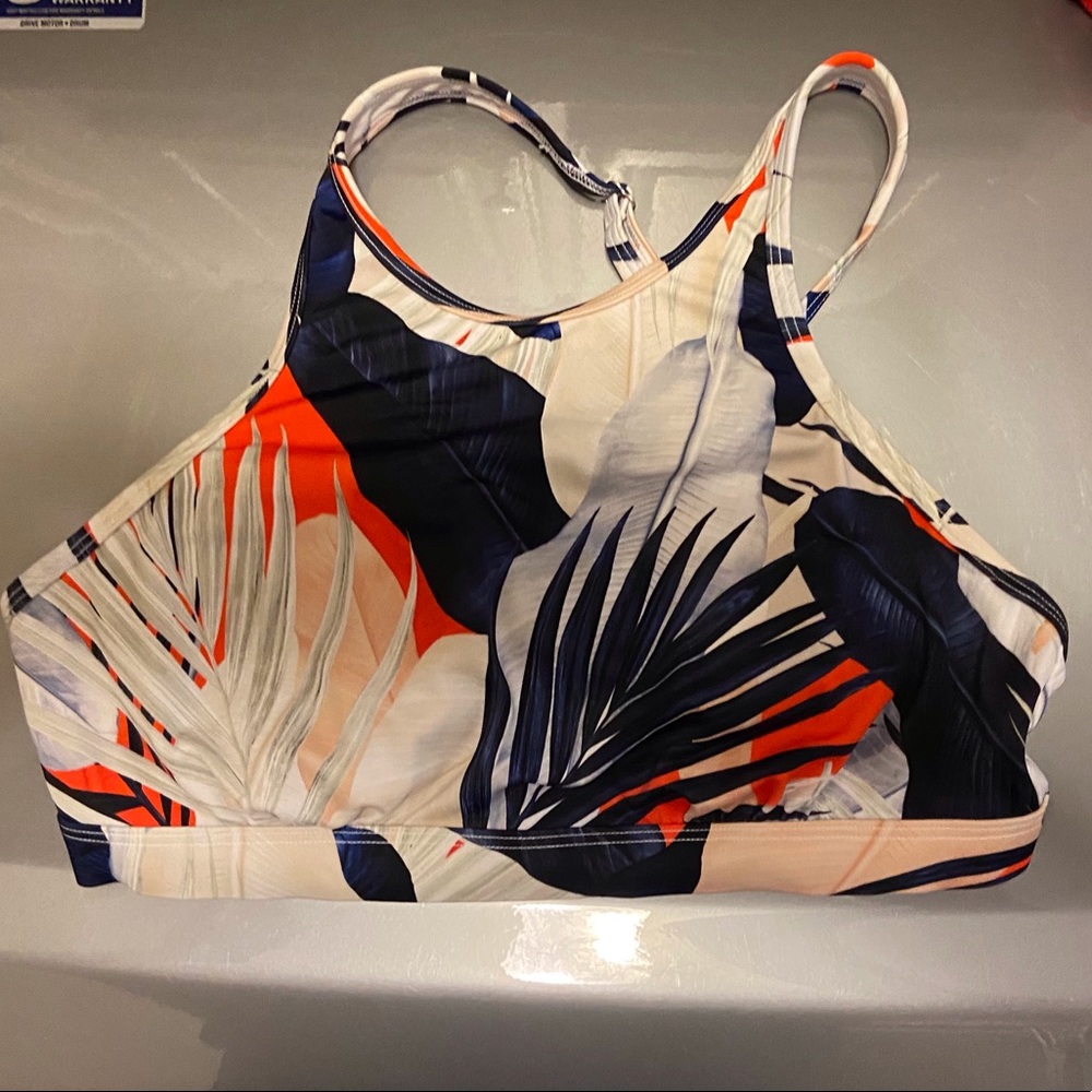 Women's High Neck Tropical Print Swim Top - Navy, Coral, Cream